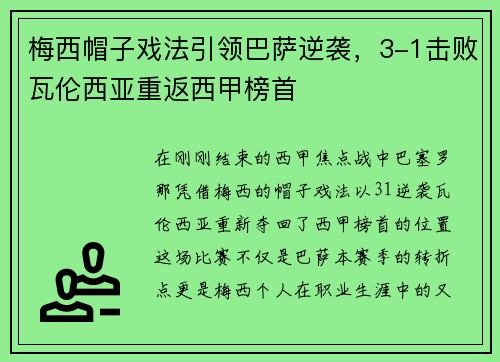 梅西帽子戏法引领巴萨逆袭，3-1击败瓦伦西亚重返西甲榜首